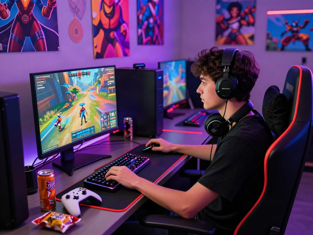 Gamer engaged in porngames with vibrant graphics and gaming setup