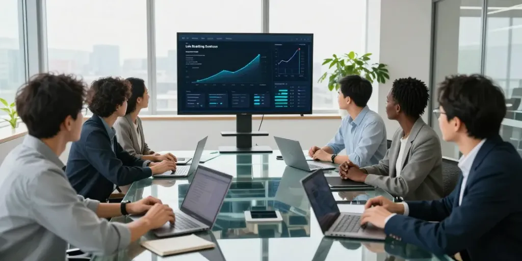 Team discussing where to find a reputable link building service in a modern office.