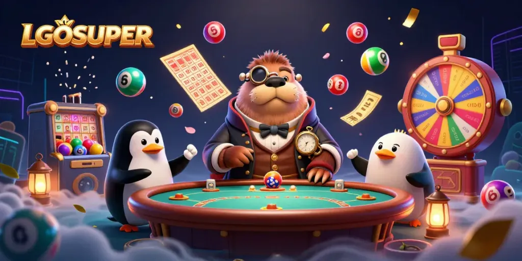 Engage with LGOSUPER's vibrant underwater poker scene featuring a walrus, penguin, and a bluffing pufferfish.