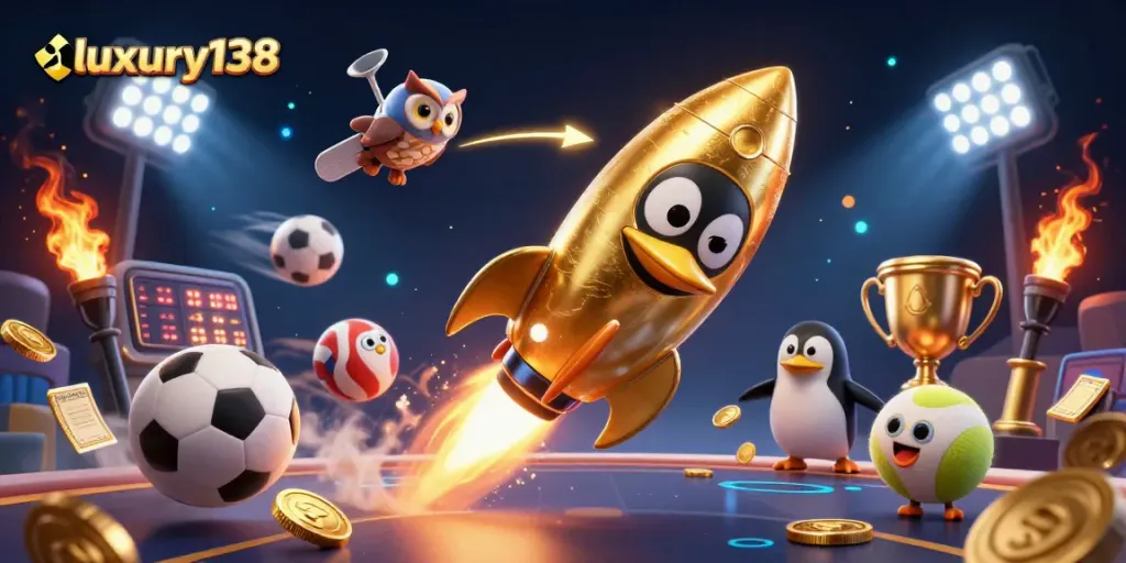 Experience dynamic gaming action with luxury138's golden penguin and casino-themed cosmic elements.