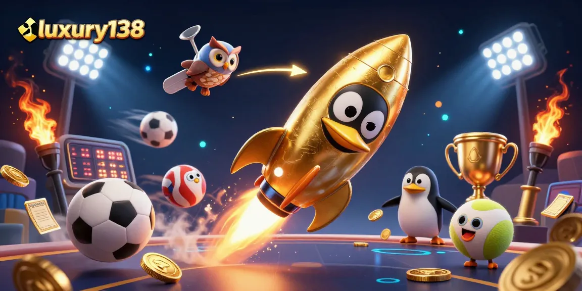 Experience dynamic gaming action with luxury138's golden penguin and casino-themed cosmic elements.