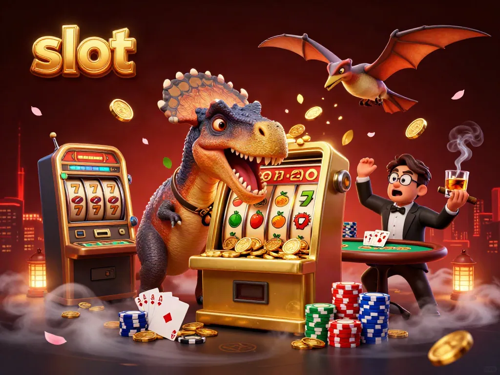 Slot mesin jackpot dengan dinosaurus memasang taruhan, menangkap koin emas terbang.
