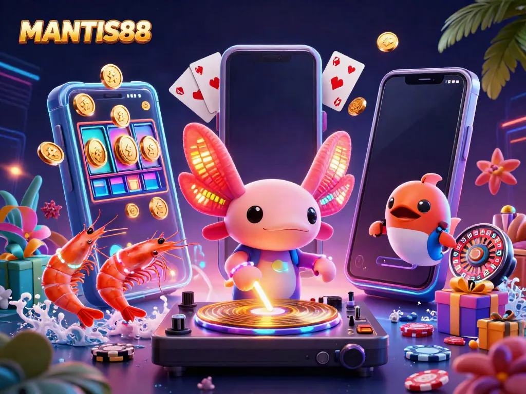 Engage in winning at MANTIS88 with vibrant 3D characters and casino games in a lively underwater scene.