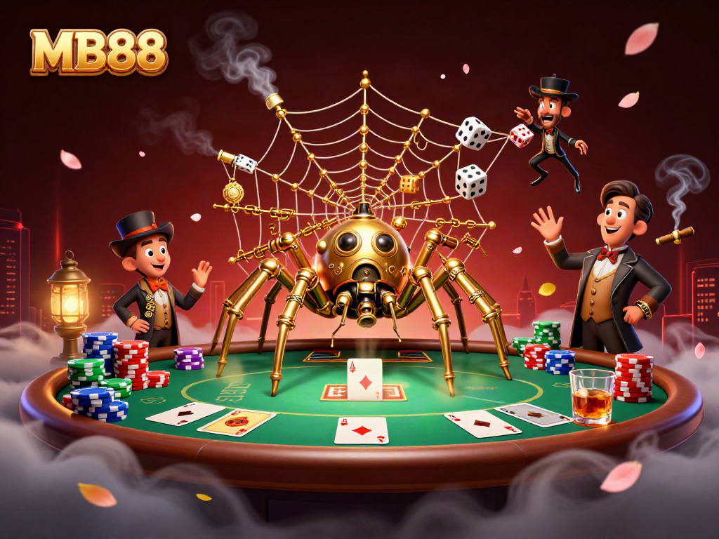 Experience thrilling gameplay with MB88's captivating casino scene featuring a golden spider and poker elements.