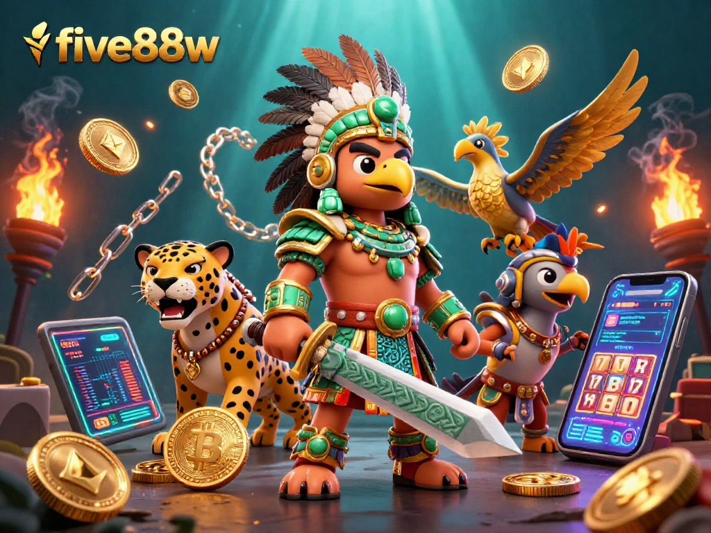 Engage in thrilling gameplay at five88w with an Aztec warrior scene filled with vibrant slots and cryptocurrency elements.