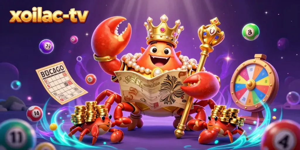 Engage with the xoilac-tv experience featuring a massive golden crab emperor and whimsical lottery elements.