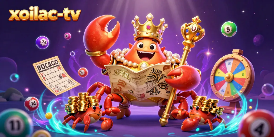 Engage with the xoilac-tv experience featuring a massive golden crab emperor and whimsical lottery elements.