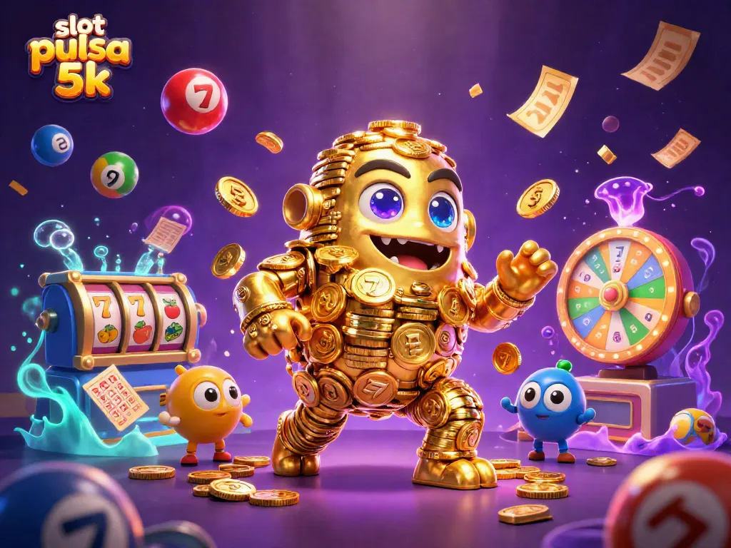 Experience the thrill of slot pulsa 5k with a captivating illustration of a golden golem and vibrant slot elements.