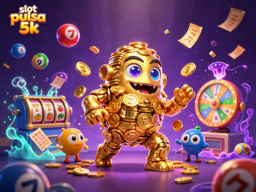 Experience the thrill of slot pulsa 5k with a captivating illustration of a golden golem and vibrant slot elements.
