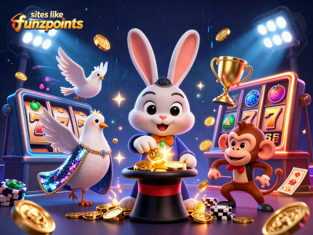 Win big with sites like funzpoints, showcasing charming characters and vibrant casino elements.