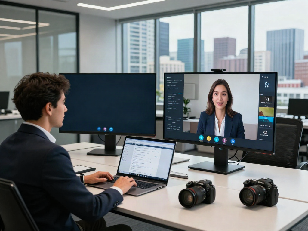 Deepfake protected online video calls in a modern office, featuring secure conferencing setup.