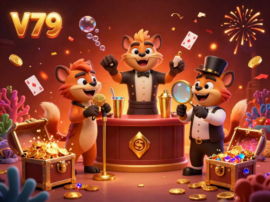 Engage in V79's vibrant comedy casino atmosphere with hyenas, gold coins, and festive decorations.