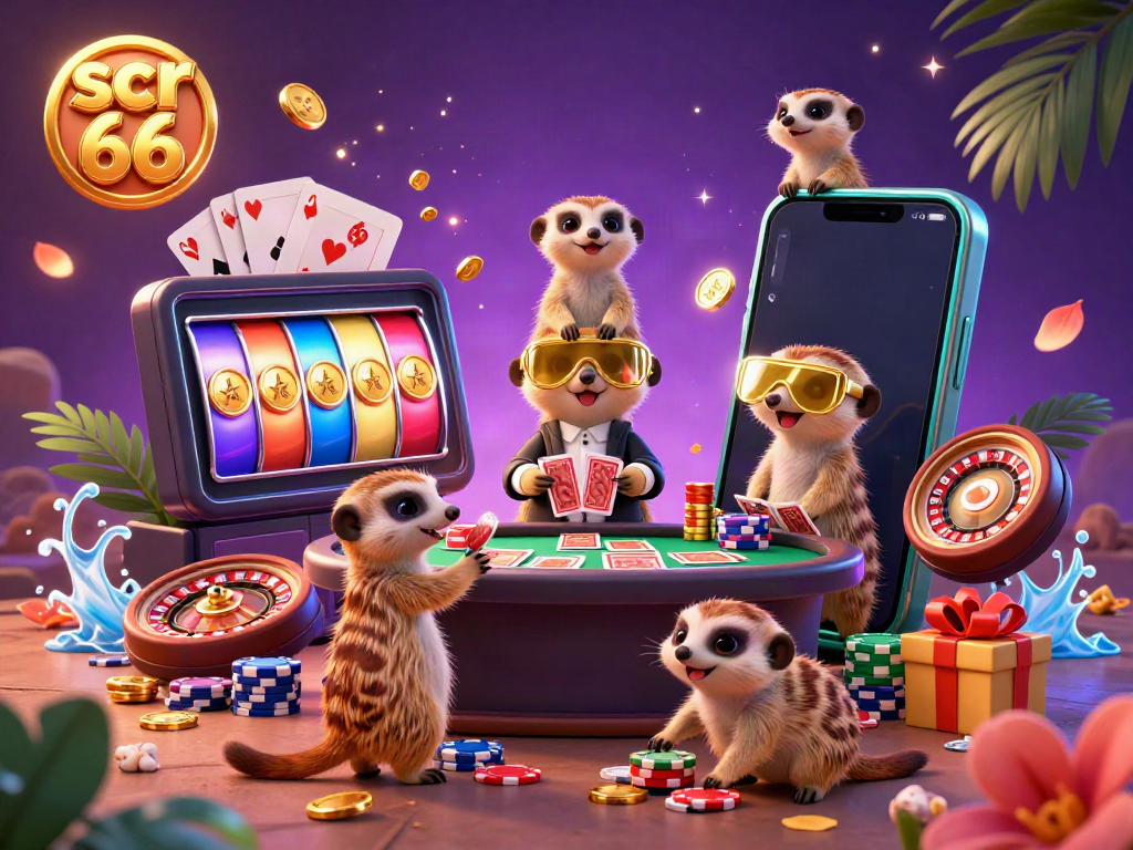 Exciting scene at scr 66 casino showcasing joyous meerkats managing a vibrant casino operation with colorful slot and game elements.