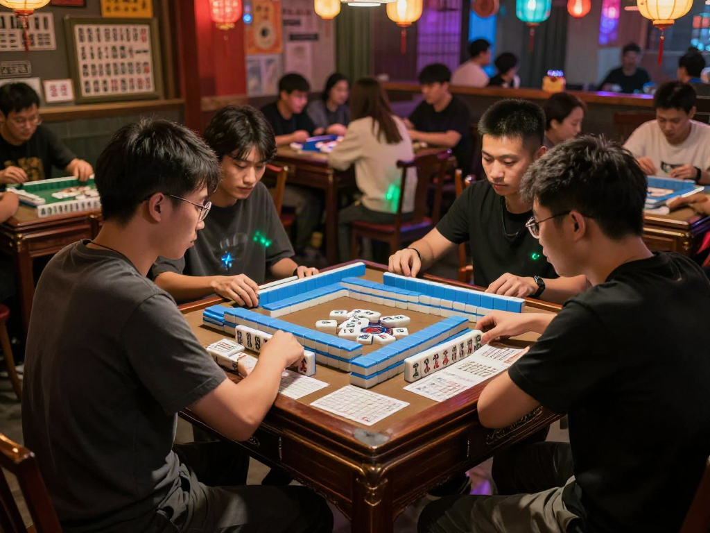 Intense Mahjong gameplay with players engaged and tiles on the table, showcasing MAHJONGJP88 excitement.