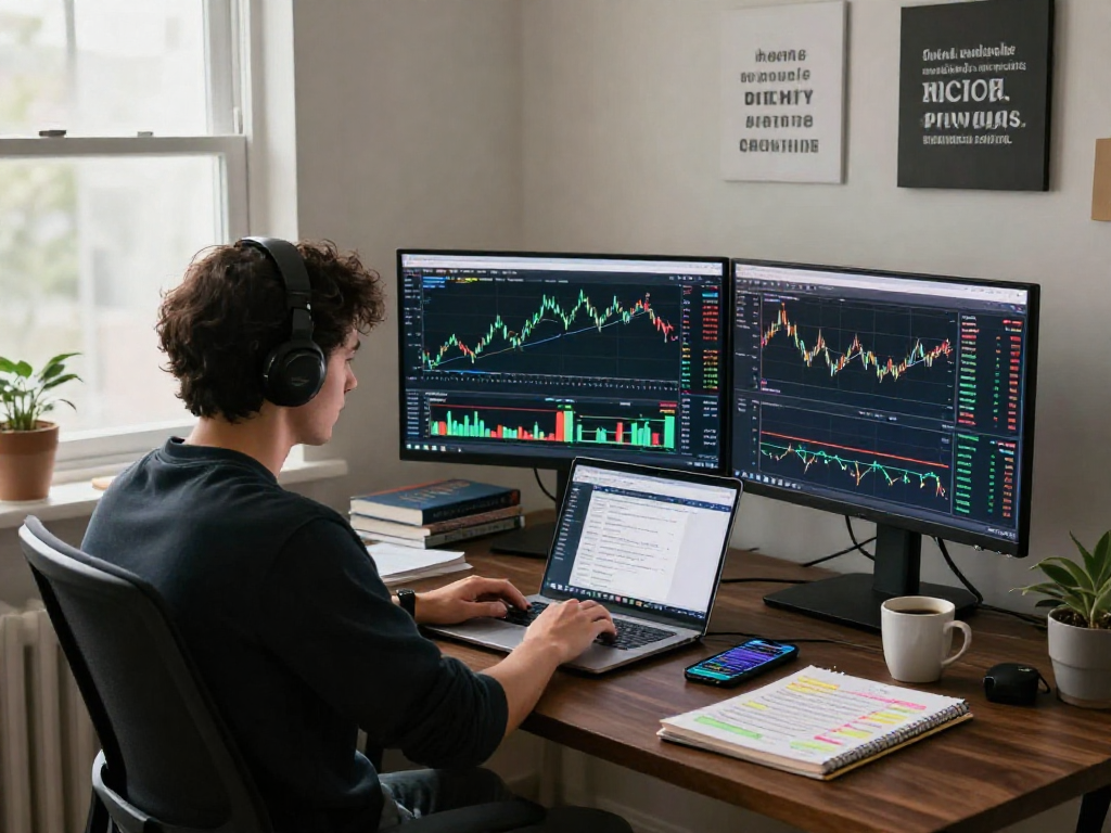 在TradingView官网上进行交易分析的现代家庭办公室场景,展示多台显示器和专注的交易者