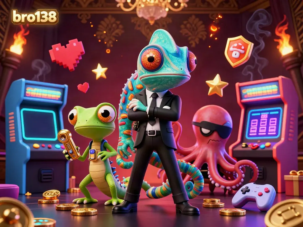 Experience the thrilling world of bro138 with vibrant gaming elements, featuring characters in a dynamic casino scene.