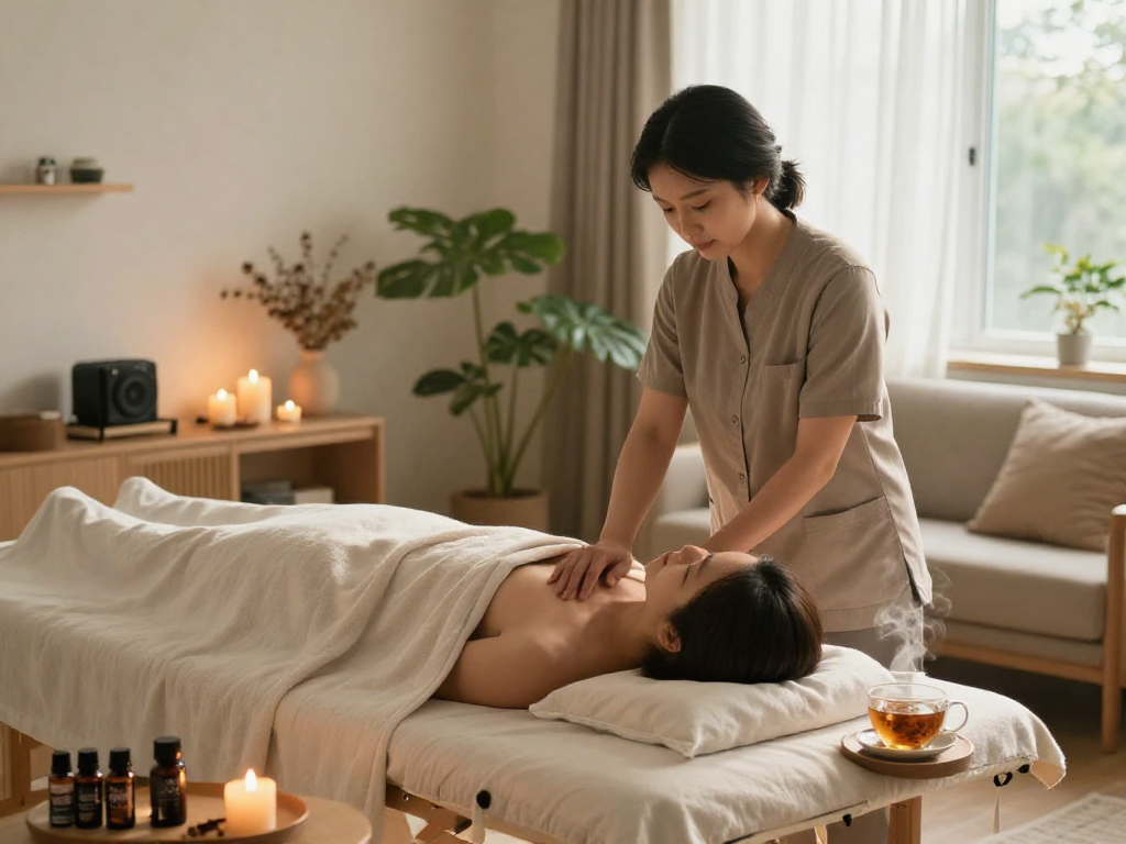 Relaxation specialist providing 천호출장마사지 service in a cozy living room.