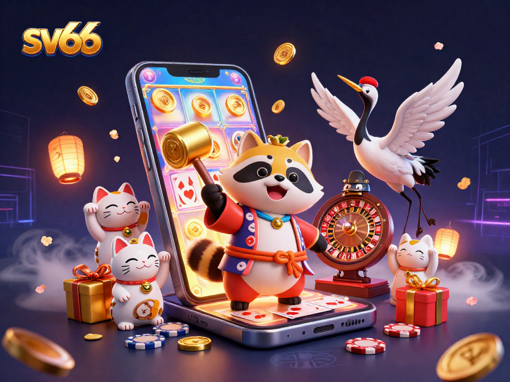 Experience winning spins on sv66 with cheerful tanuki and vibrant casino elements in a festive atmosphere.