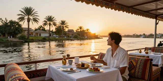 Experience the elegance of an Egypt Nile cruise at sunset with traditional decor and stunning views.