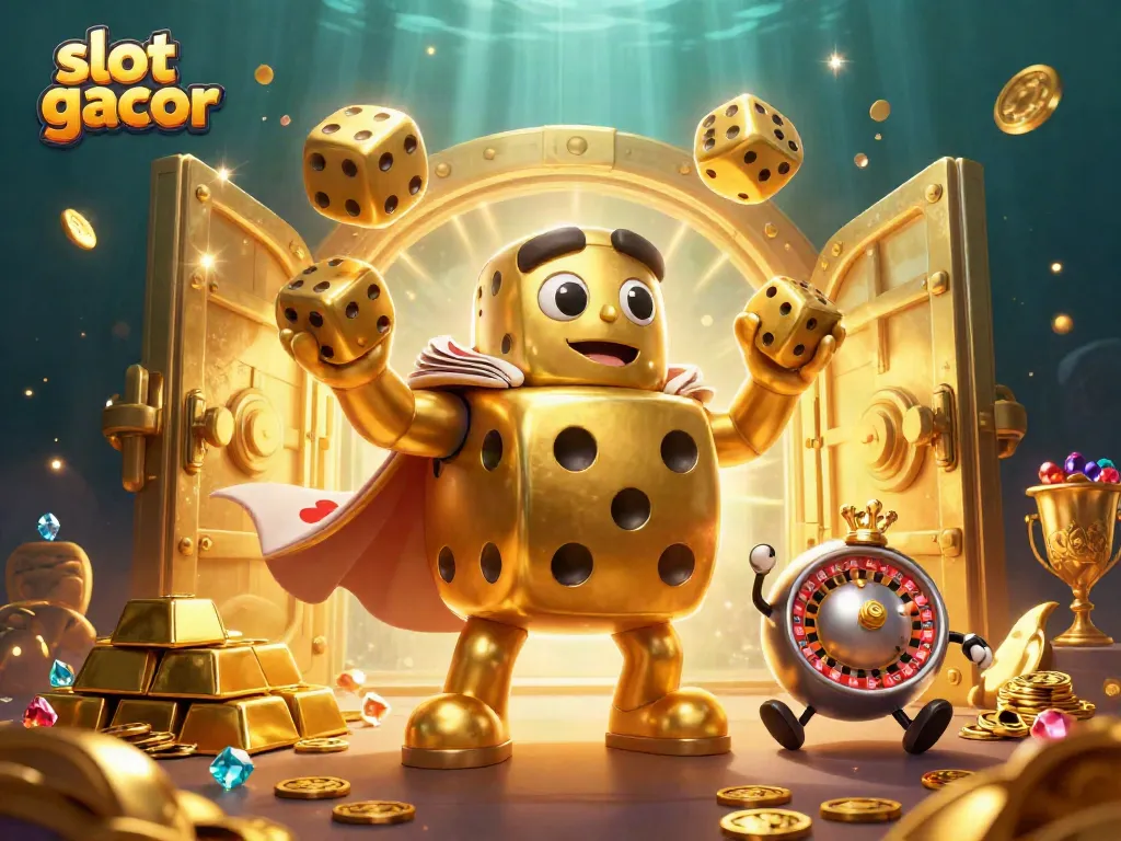 Experience the excitement of slot gacor as golden dice and jewels illuminate the scene with thrilling energy.