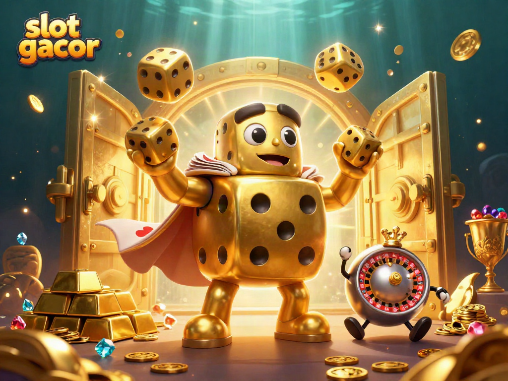 Experience the excitement of slot gacor as golden dice and jewels illuminate the scene with thrilling energy.