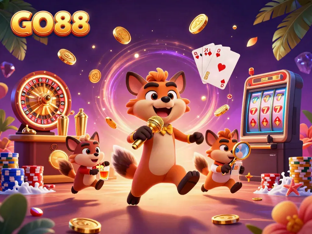 HYENAS entertain at GO88 casino, playing games with sparkling gems and golden coins.