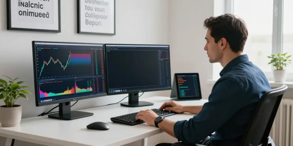 Traders using MetaTrader 5 in a modern workspace with multiple monitors.