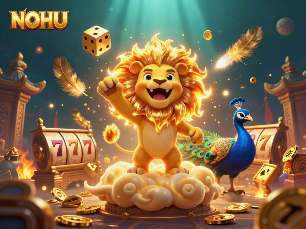 Experience winning thrills with NOHU in an energetic 3D casino scene featuring vibrant characters and slot action.
