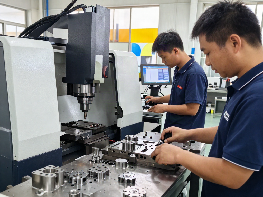 Precision CNC machining supplier workshop with machinists at work