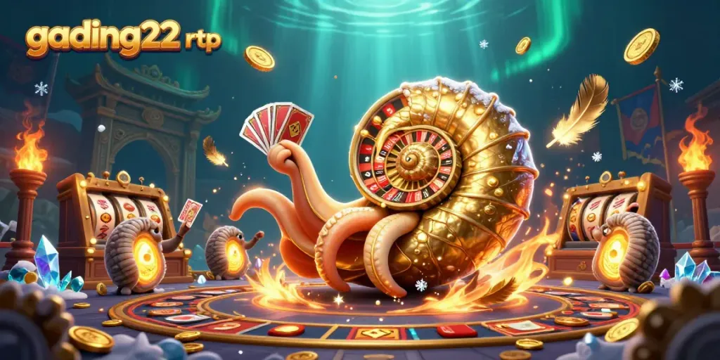 Engage with gading22 rtp featuring a giant nautilus as a roulette wheel amidst vibrant casino elements.