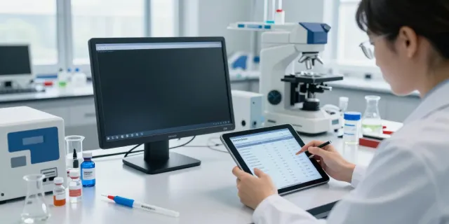 Peptide price comparison in a modern lab with a scientist using a tablet to access vendor listings.