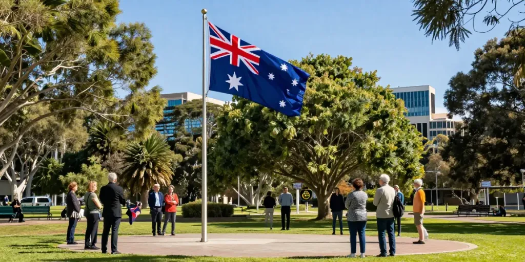 Beautiful display of flagpoles Australia with the Australian flag in a sunny park setting.