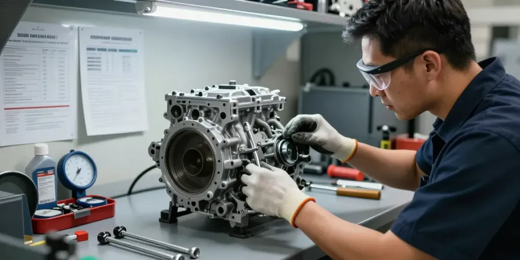 Inspection of a CD009 transmission in an automotive workshop, showcasing the technician's expertise.