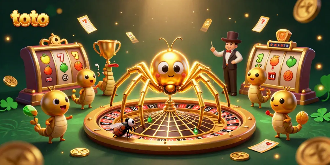 Toto-inspired casino scene with a golden spider and croupier amid slot reels and betting slips.