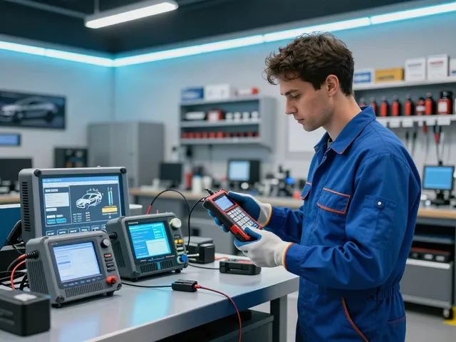 Mechaniker überprüft DPF-Regeneration in einer modernen Werkstatt.