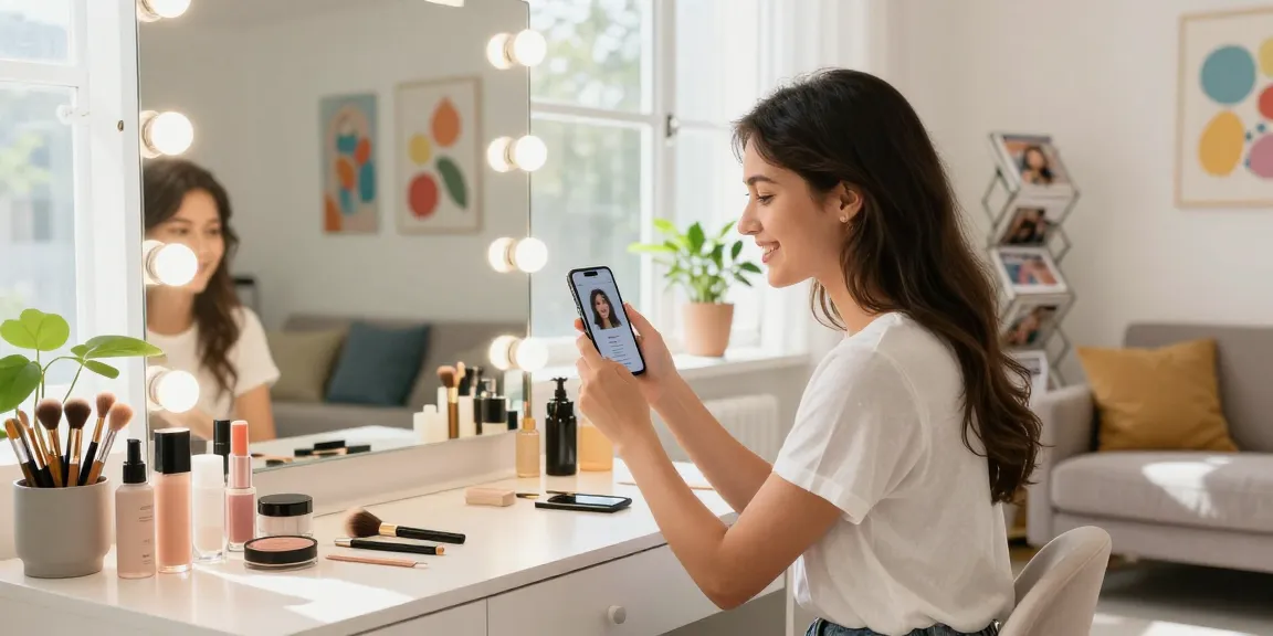 Engaging moment capturing a young woman using the test of attractiveness in a bright beauty studio, showcasing various beauty products.