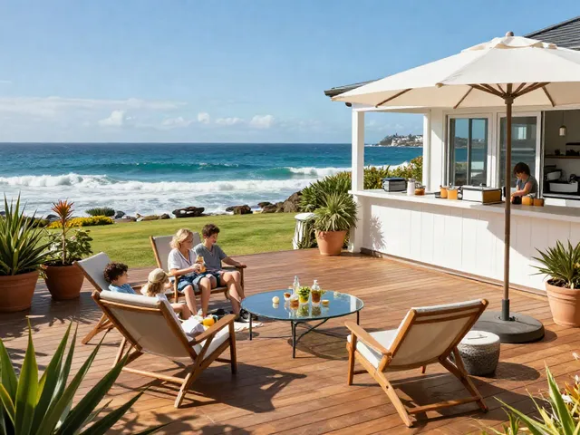 Deck Builders Manly showcasing luxurious outdoor living with a wooden deck and coastal view.