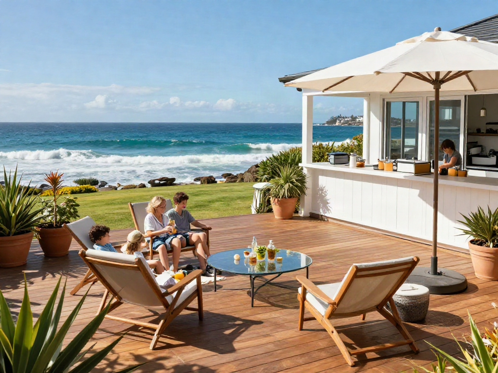 Deck Builders Manly showcasing luxurious outdoor living with a wooden deck and coastal view.