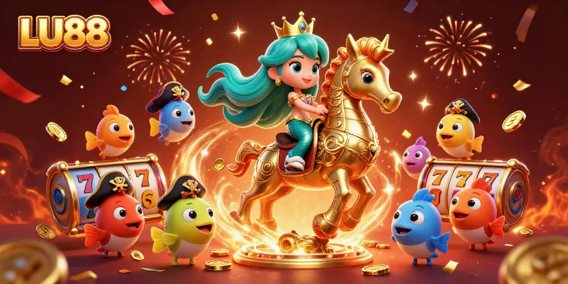 LU88 mermaid princess riding seahorse in a vibrant casino-themed underwater scene