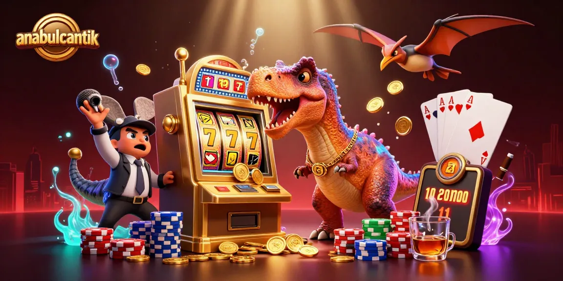 Anabulcantik merayakan kemenangan jackpot di mesin slot dengan koin emas berterbangan