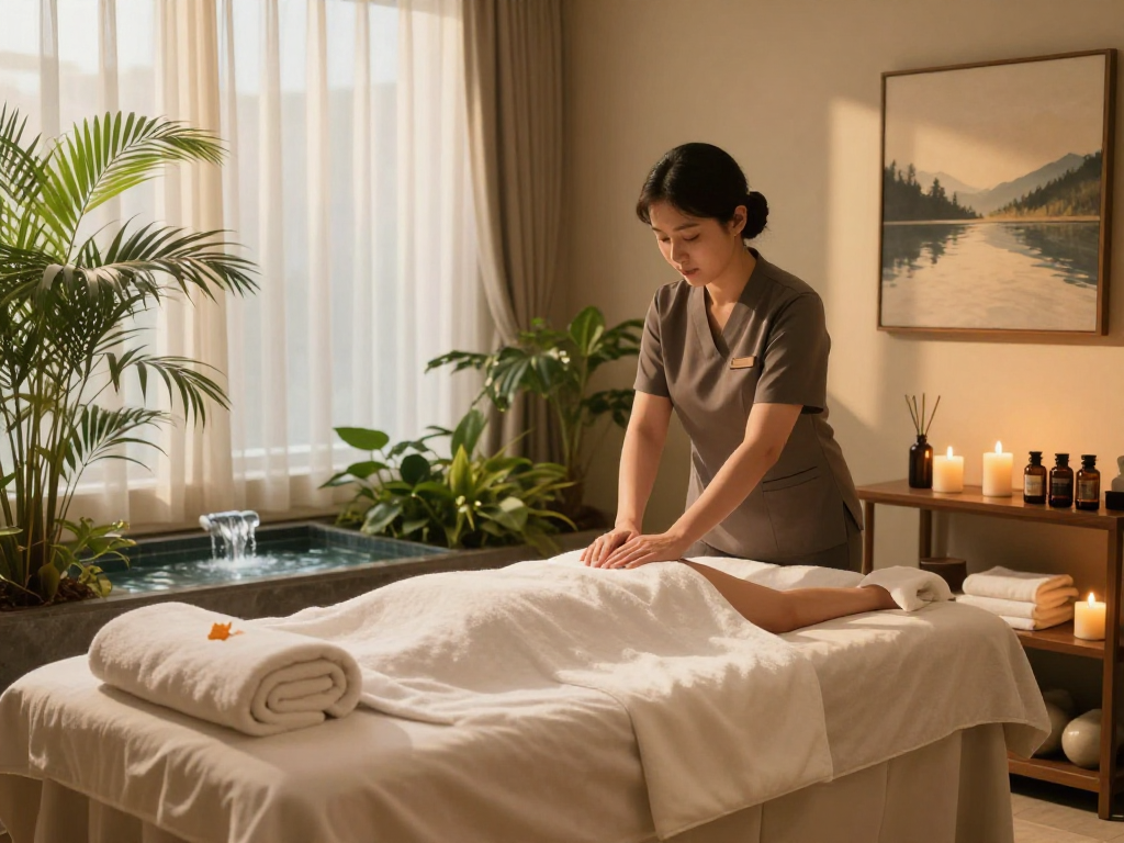 Relaxing 강남출장마사지 scene with a therapist preparing in a soothing spa environment