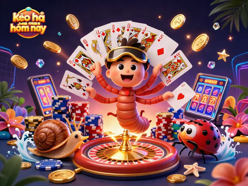 Engage with kèo nhà cái hôm nay as the cartoon dealer showcases cards, chips, and excitement in a vibrant casino scene.