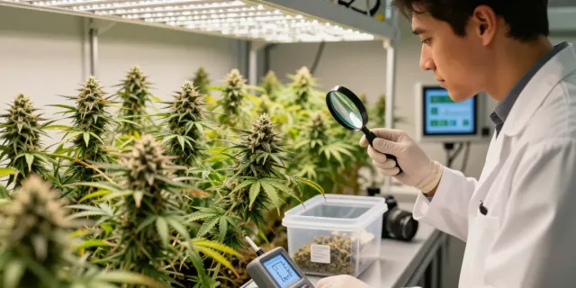 Alienlab grower inspecting premium cannabis plants in modern indoor facility, showcasing lush greenery and advanced equipment.