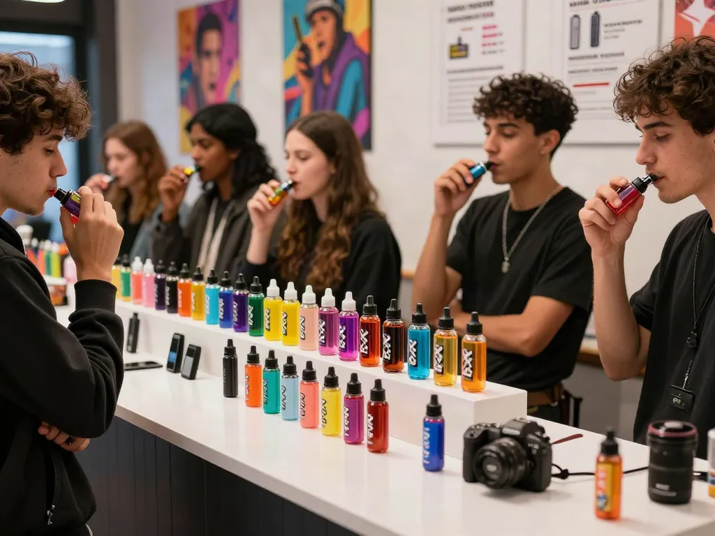 Noms X2 vape juice being sampled by friends in a trendy vape shop, showcasing vibrant flavors and modern atmosphere.