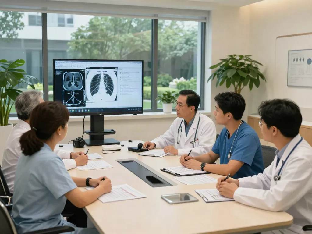 Lung cancer care team collaborating on patient treatment plans in a modern clinic setting.