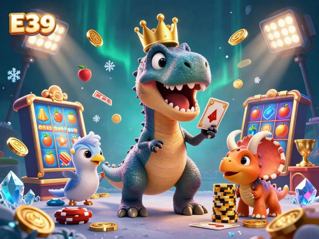 E39 offers exciting casino fun with a cheerful T-Rex shuffling cards and gold coins flying in a vibrant scene.