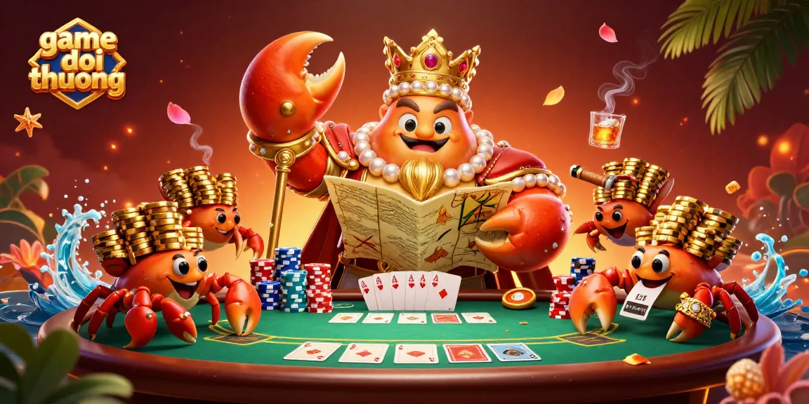 Experience the thrill of game doi thuong with a vibrant illustration featuring a crab emperor and poker elements.