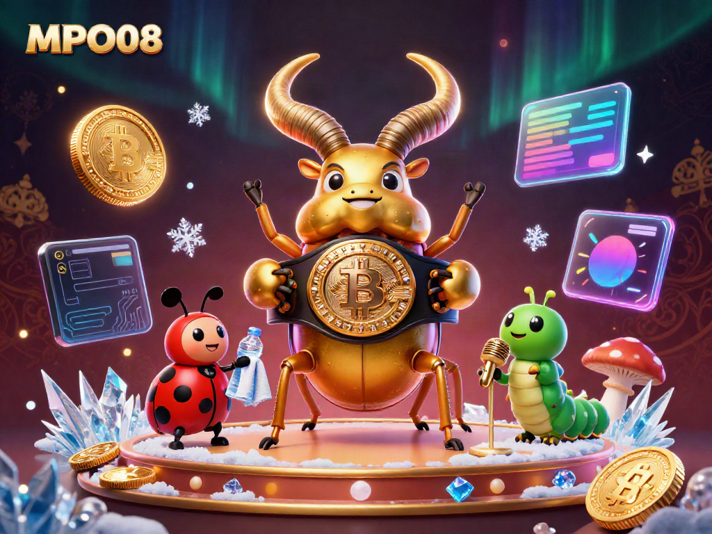 Experience the excitement of MPO08's dynamic online gaming scene with vibrant characters and crypto elements.