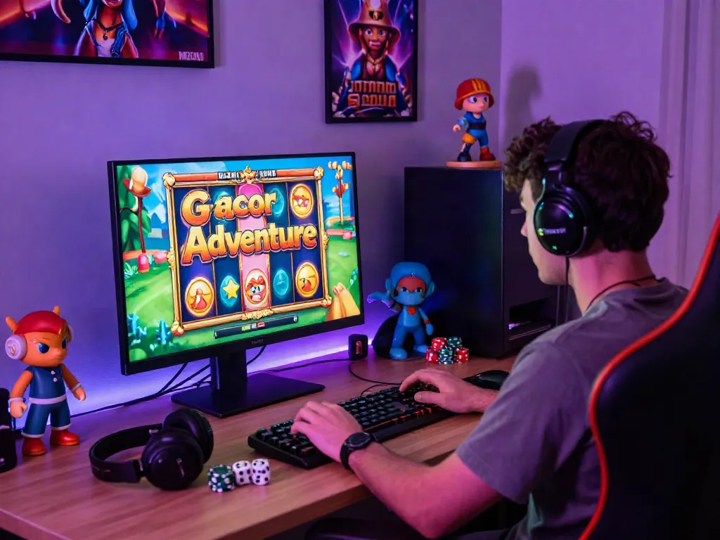 Engaging slot gacor hari ini scene showing a gamer immersed in colorful online slots, with vibrant elements around.