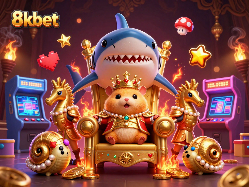 Experience thrilling 8kbet action with an epic golden hamster king and glowing arcade elements.